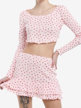 Sweet Society Pink Strawberry-Print Long Sleeve Top & Ruffled Mini Skirt Set